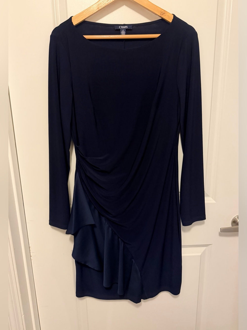 Chaps Navy Long-Sleeve Draped Ruffle flattering Dress. Like new